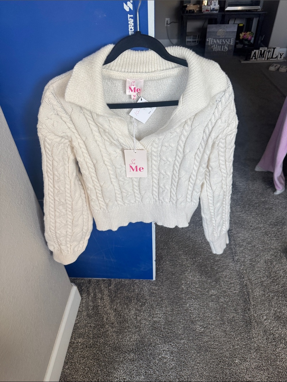 ME Makeover Essentials Cream Cable-Knit Cropped Sweater with Fold-Over Collar - Picture 1 of 1